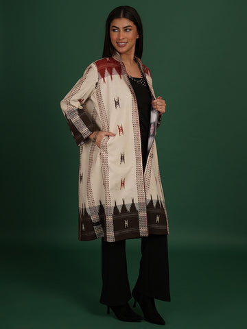 WHITE BROWN KOTPAD IKAT COTTON LONG JACKET