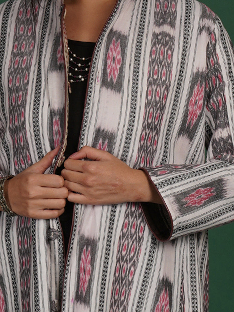 WHITE BROWN KOTPAD IKAT COTTON LONG JACKET