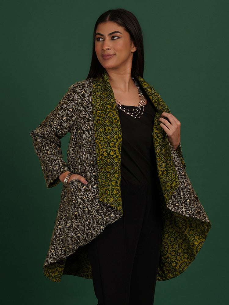 Green Kantha & Green Ajrakh Cotton Short Overlay