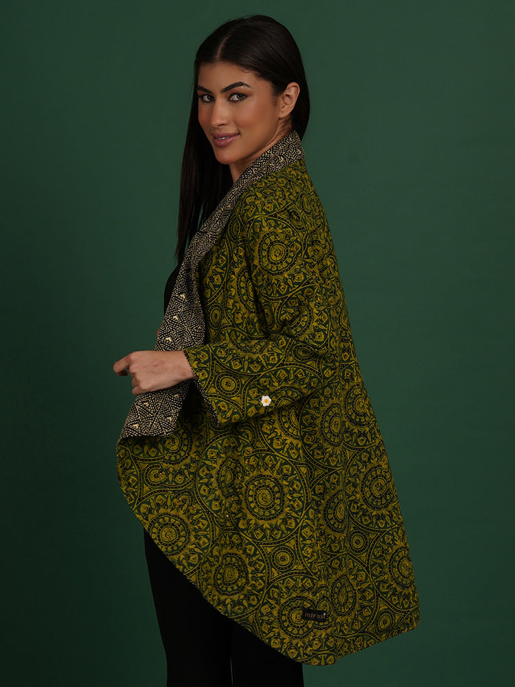 Green Kantha & Green Ajrakh Cotton Short Overlay
