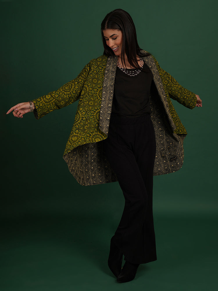 Green Kantha & Green Ajrakh Cotton Short Overlay