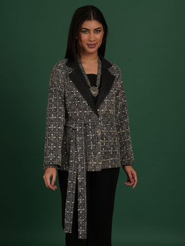 BLACK KANTHA BLACK TUSSAR SHORT JACKET