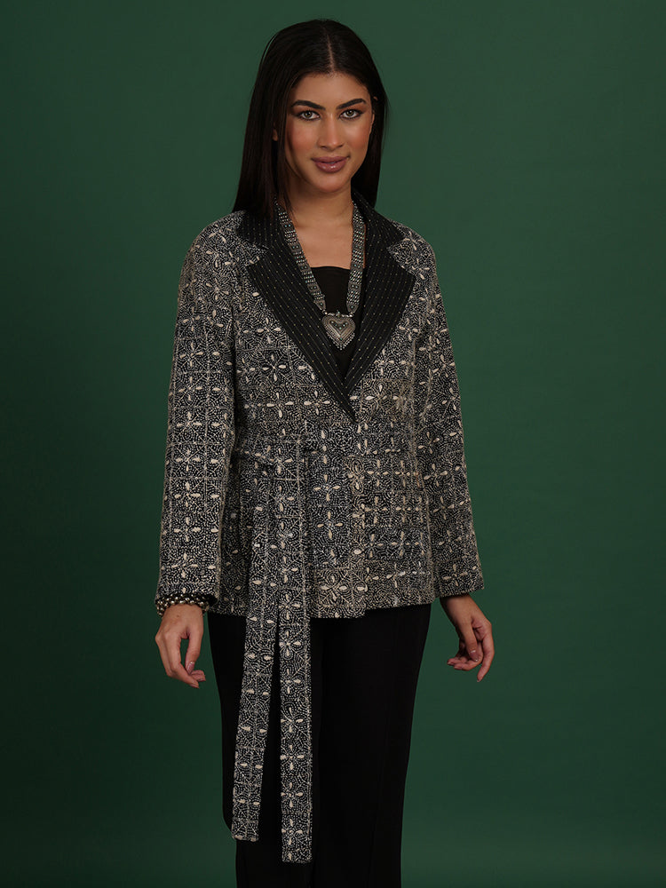 BLACK KANTHA BLACK TUSSAR SHORT JACKET