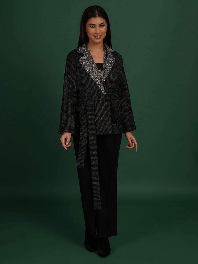 BLACK KANTHA BLACK TUSSAR SHORT JACKET