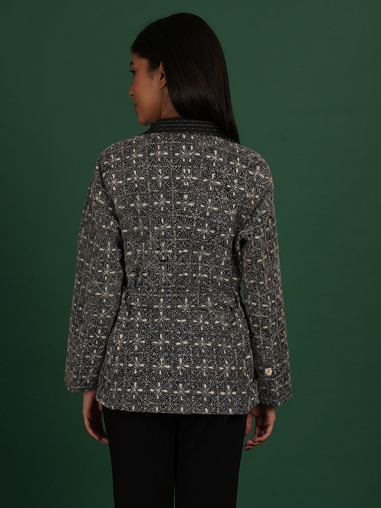 BLACK KANTHA BLACK TUSSAR SHORT JACKET