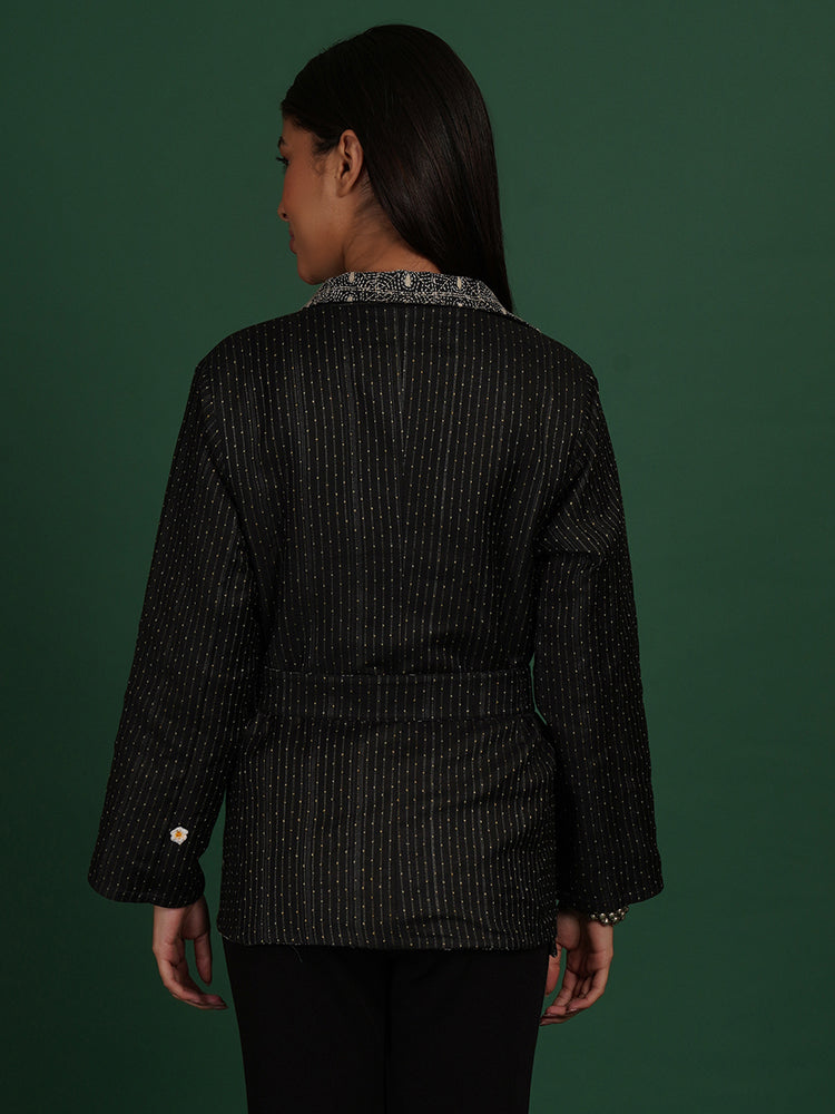 BLACK KANTHA BLACK TUSSAR SHORT JACKET