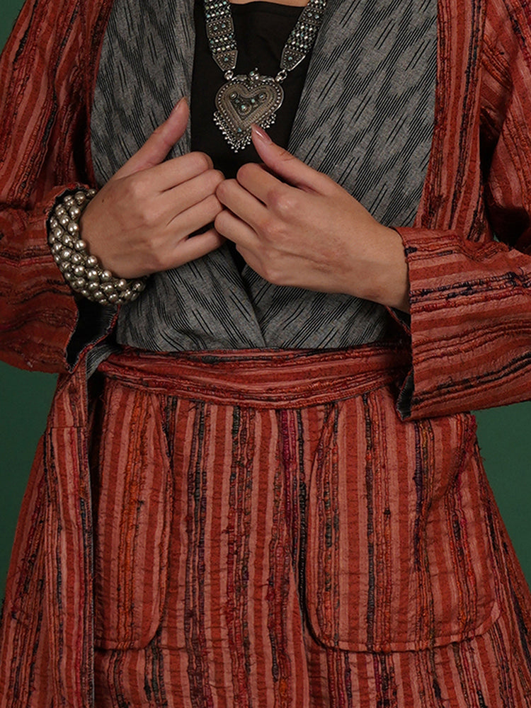 RUST TUSSAR GREY IKAT COTTON SHORT JACKET