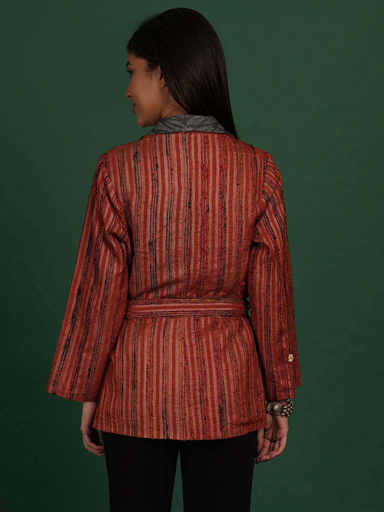 RUST TUSSAR GREY IKAT COTTON SHORT JACKET