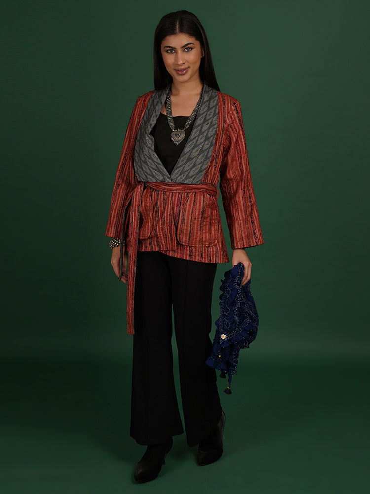 RUST TUSSAR GREY IKAT COTTON SHORT JACKET