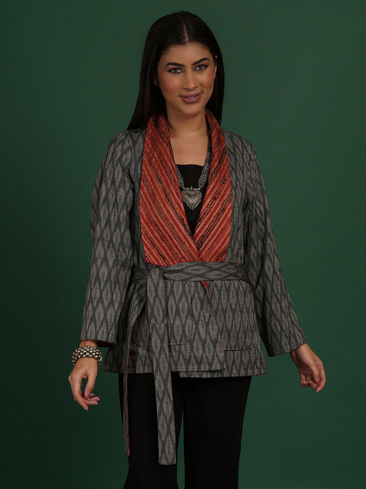 RUST TUSSAR GREY IKAT COTTON SHORT JACKET