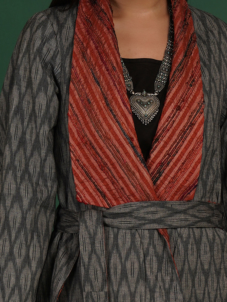 RUST TUSSAR GREY IKAT COTTON SHORT JACKET