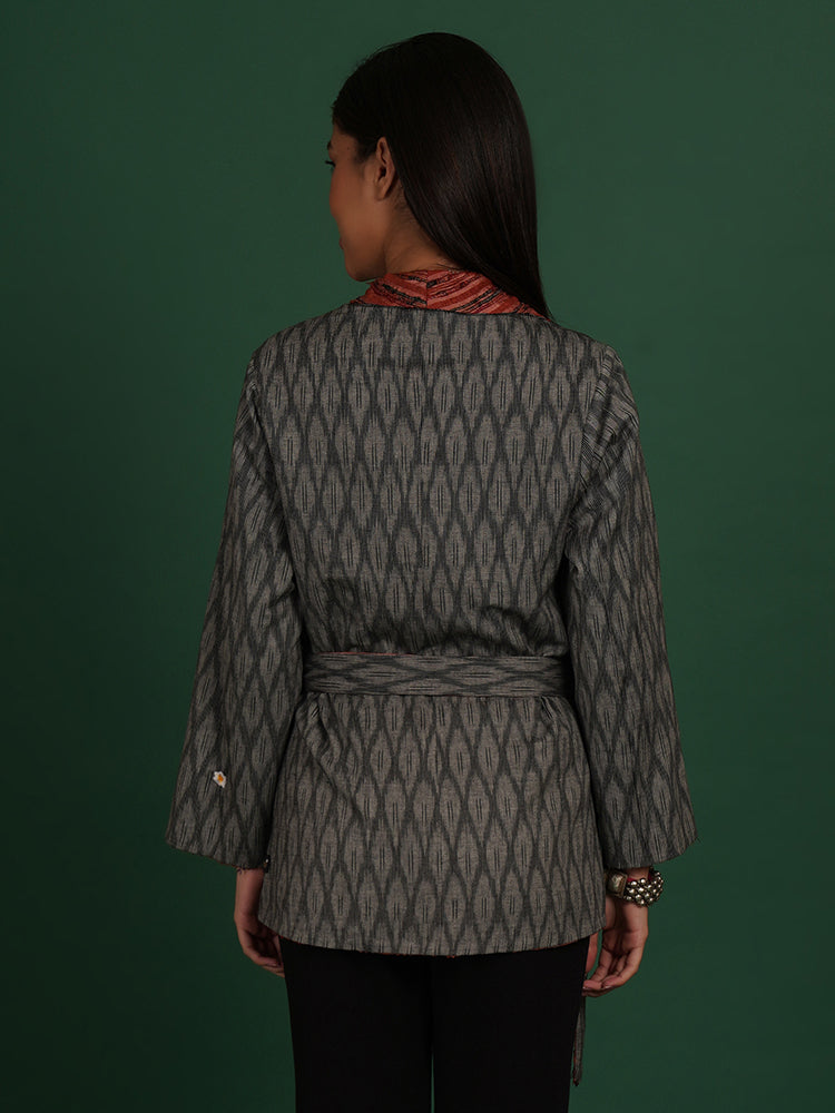 RUST TUSSAR GREY IKAT COTTON SHORT JACKET