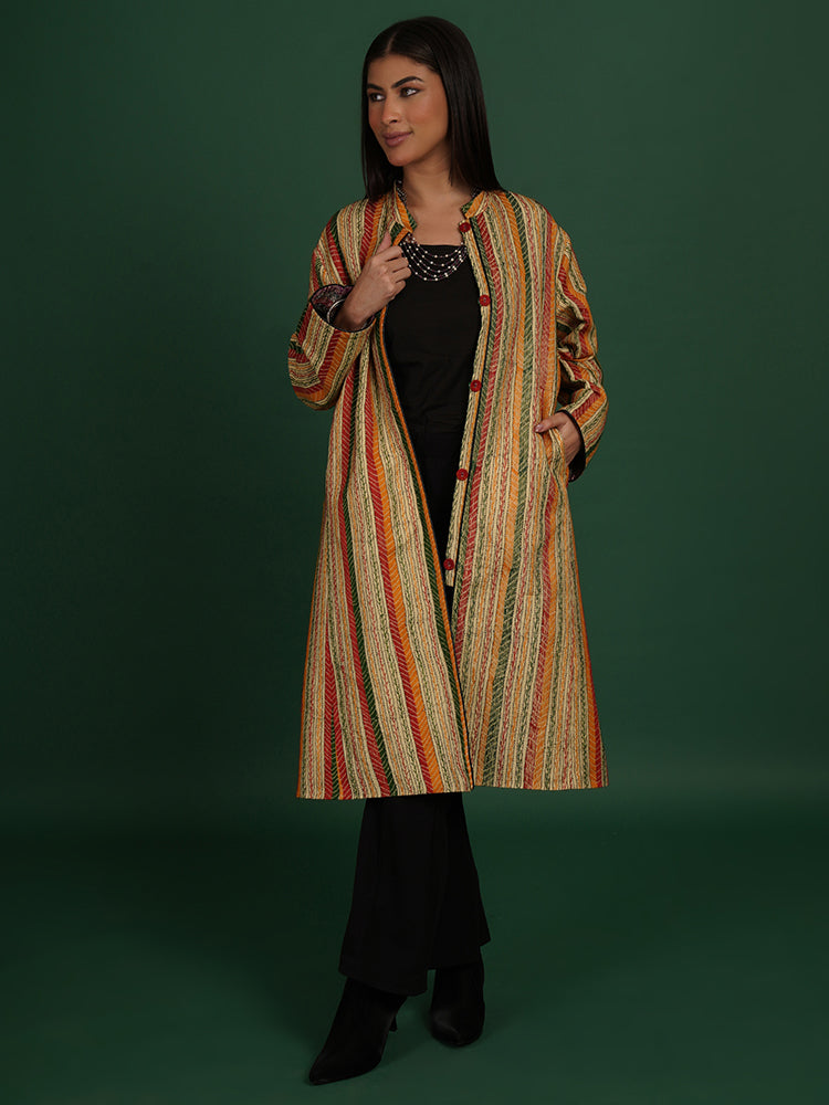 MULTI COLOUR KANTHA GREEN RAW SILK IKAT LONG JACKET