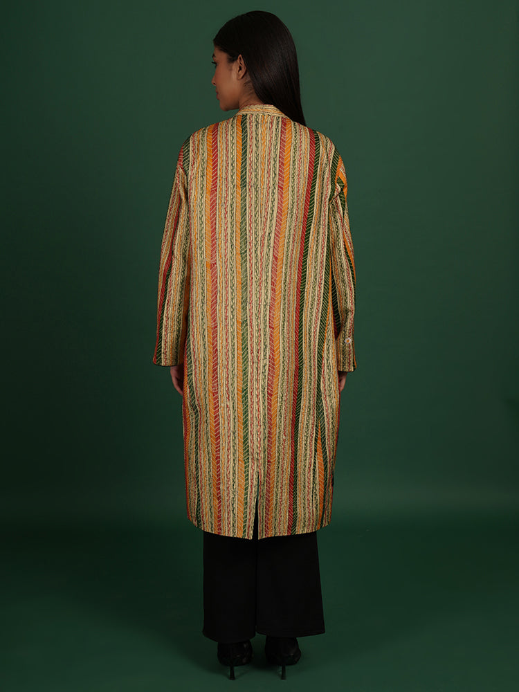 MULTI COLOUR KANTHA GREEN RAW SILK IKAT LONG JACKET