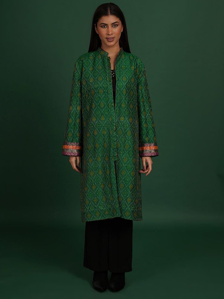MULTI COLOUR KANTHA GREEN RAW SILK IKAT LONG JACKET