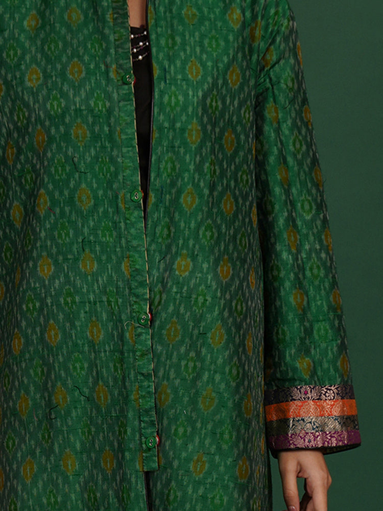 MULTI COLOUR KANTHA GREEN RAW SILK IKAT LONG JACKET