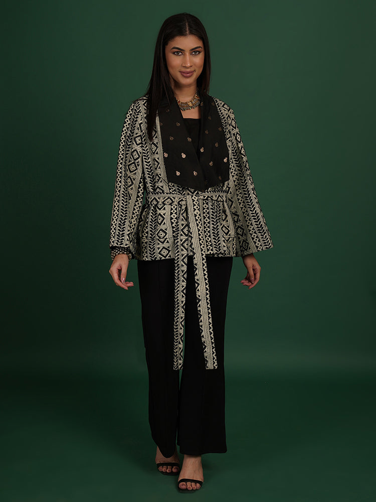 BLACK KANTHA CHANDERI SHORT JACKET
