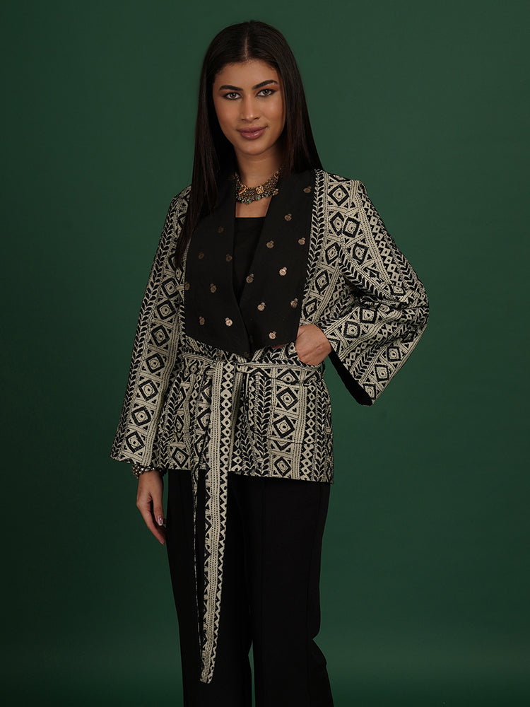 BLACK KANTHA CHANDERI SHORT JACKET