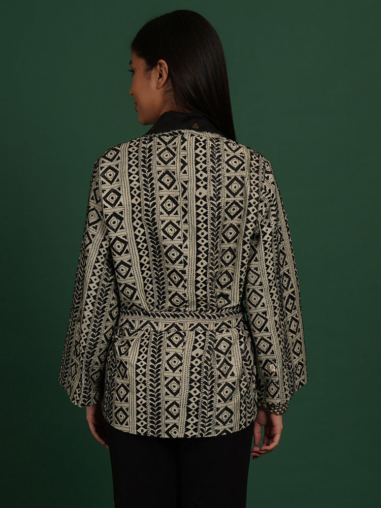 BLACK KANTHA CHANDERI SHORT JACKET
