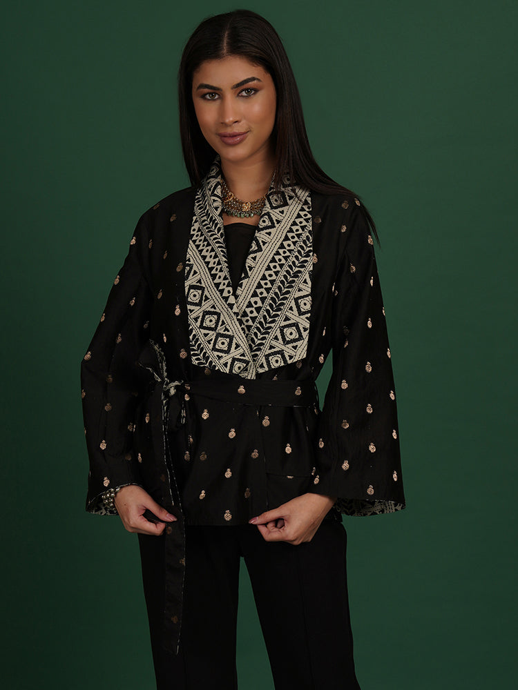 BLACK KANTHA CHANDERI SHORT JACKET