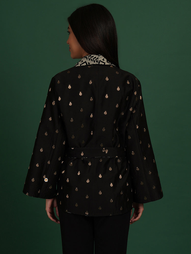 BLACK KANTHA CHANDERI SHORT JACKET