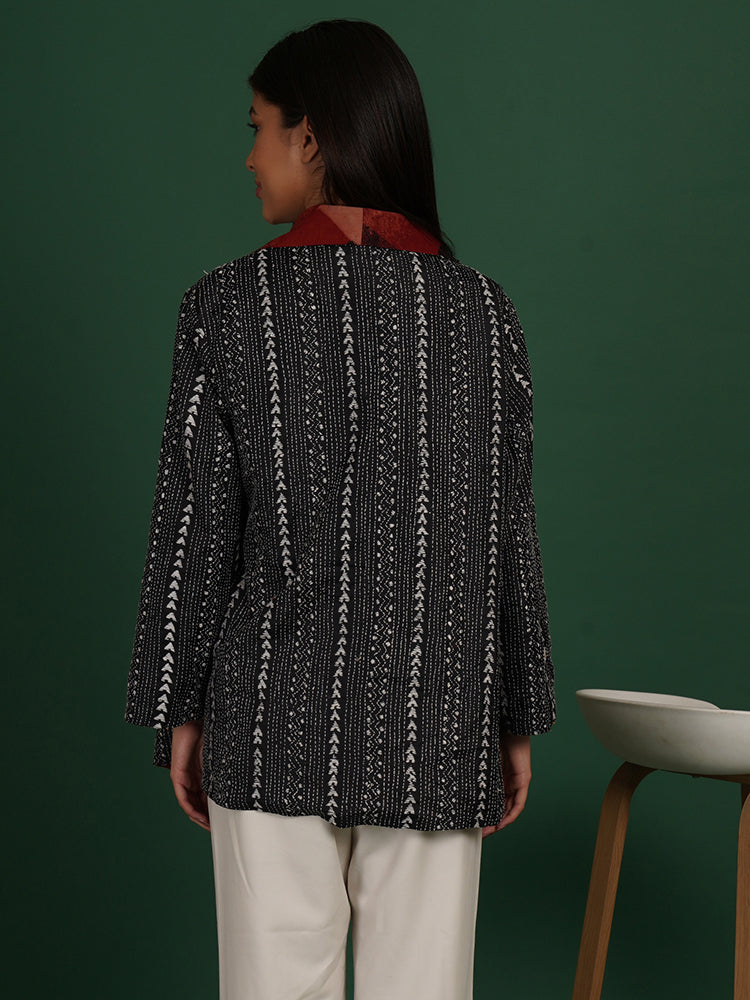 Black Kantha & Multi Colour Ajrakh Cotton Short Overlay