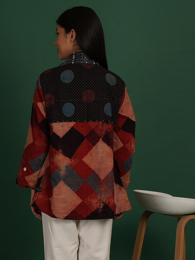 Black Kantha & Multi Colour Ajrakh Cotton Short Overlay