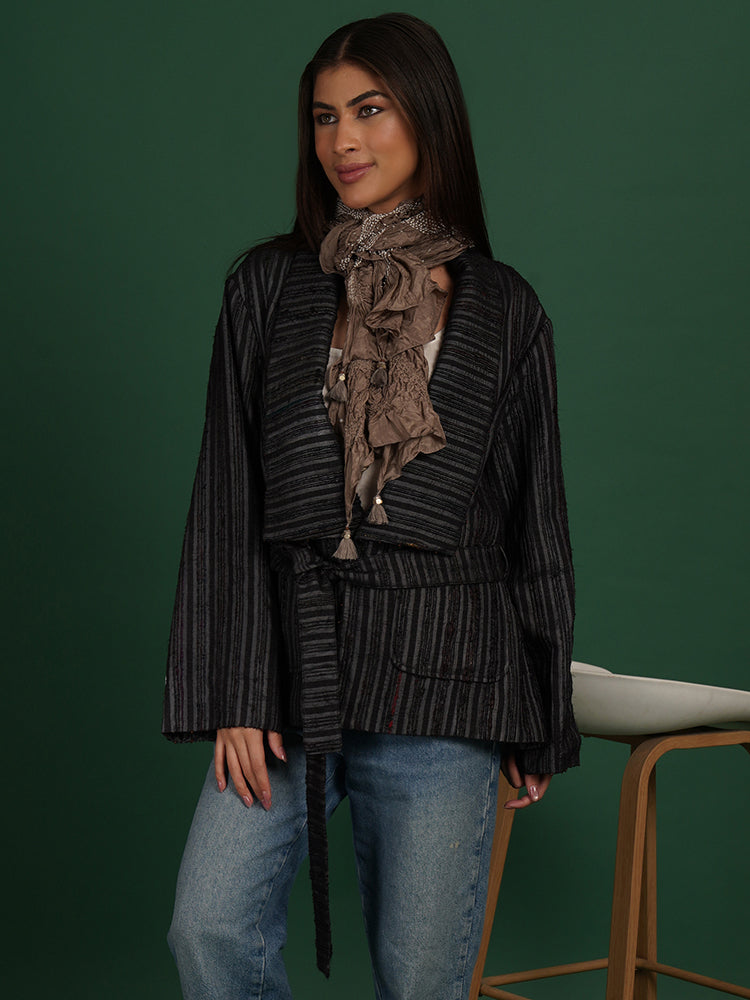GREY TUSSAR IKAT RAW SHORT JACKET