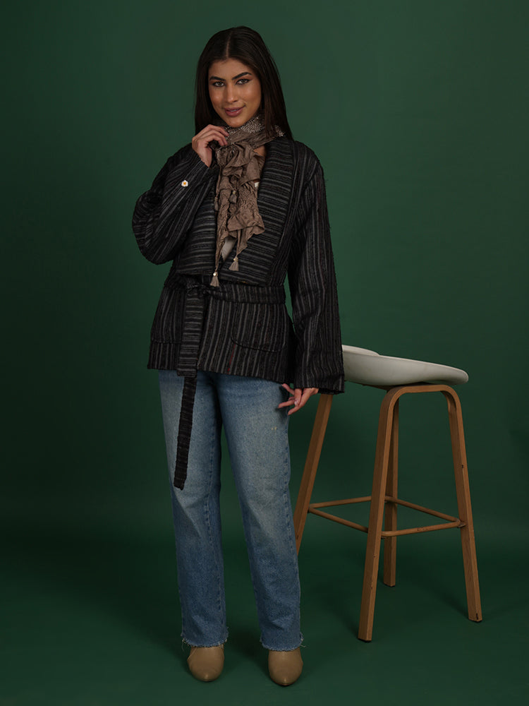 GREY TUSSAR IKAT RAW SHORT JACKET