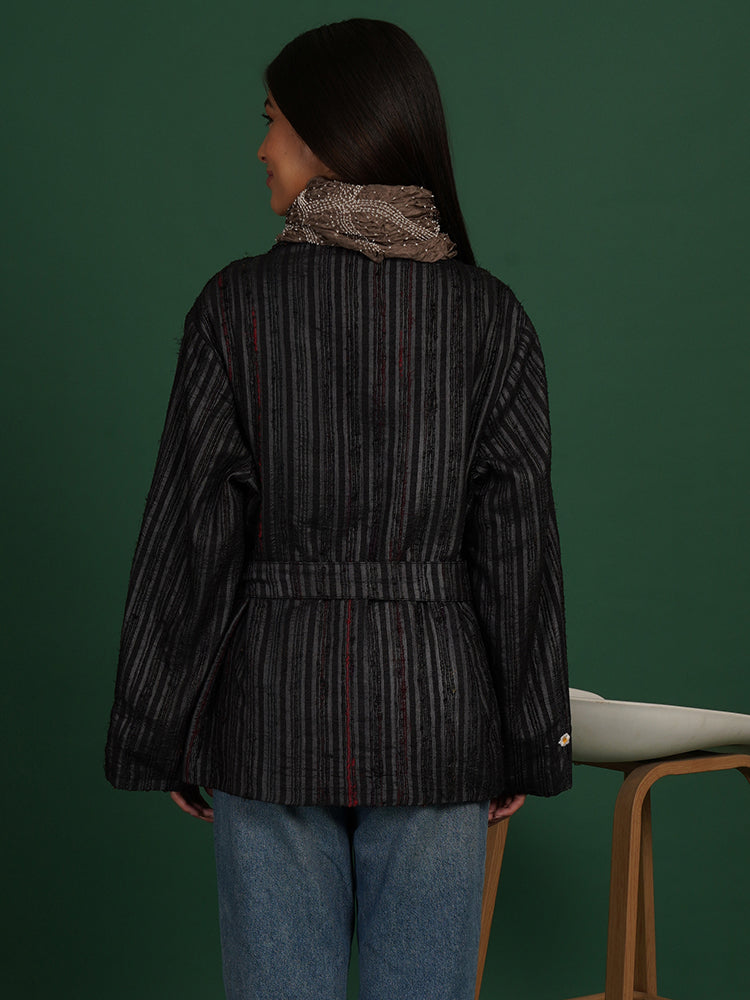 GREY TUSSAR IKAT RAW SHORT JACKET