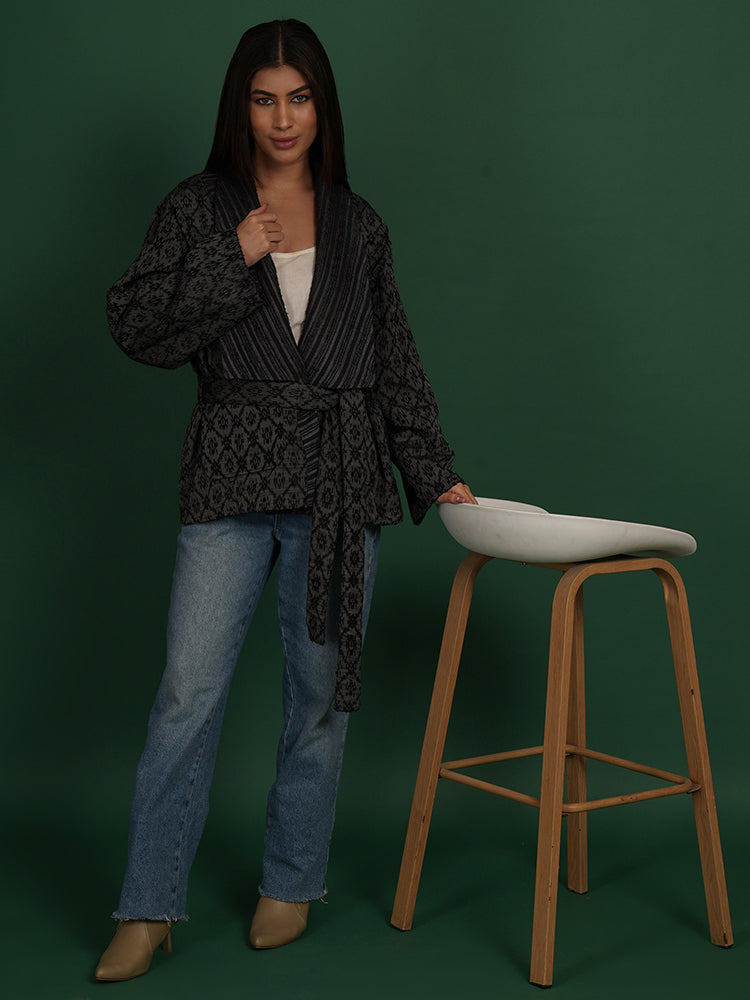 GREY TUSSAR IKAT RAW SHORT JACKET