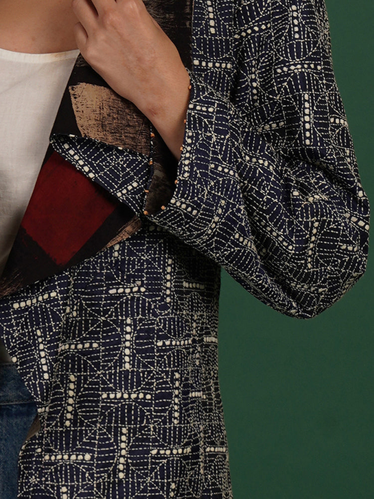 Blue Kantha With Black Ajrakh Cotton Short Overlay