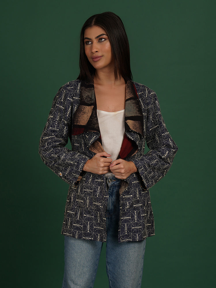 Blue Kantha With Black Ajrakh Cotton Short Overlay
