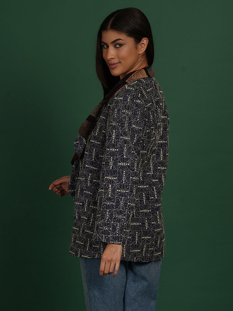 Blue Kantha With Black Ajrakh Cotton Short Overlay