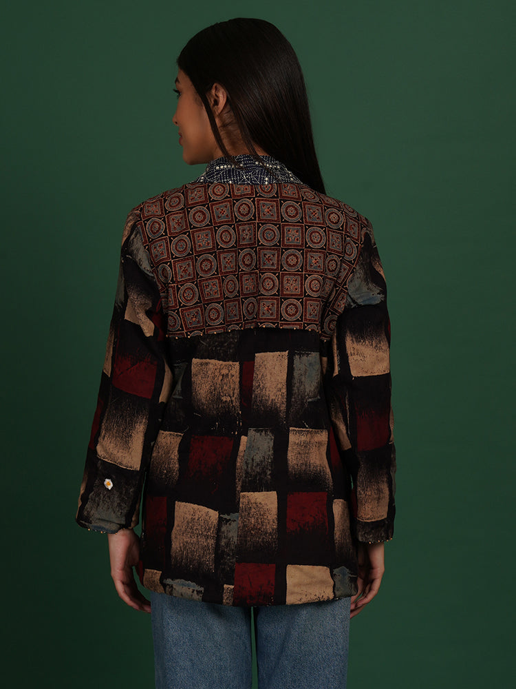 Blue Kantha With Black Ajrakh Cotton Short Overlay