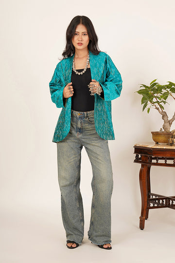 AQUA GREEN RAWSILK IKKAT SHORT JACKET