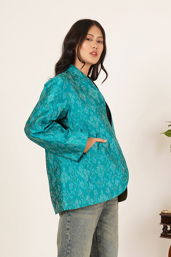 AQUA GREEN RAWSILK IKKAT SHORT JACKET