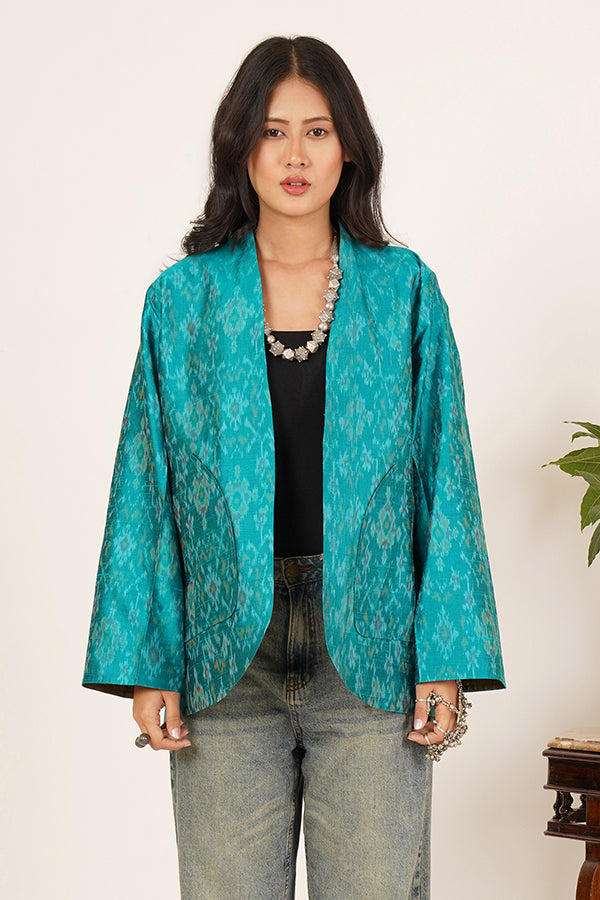 AQUA GREEN RAWSILK IKKAT SHORT JACKET