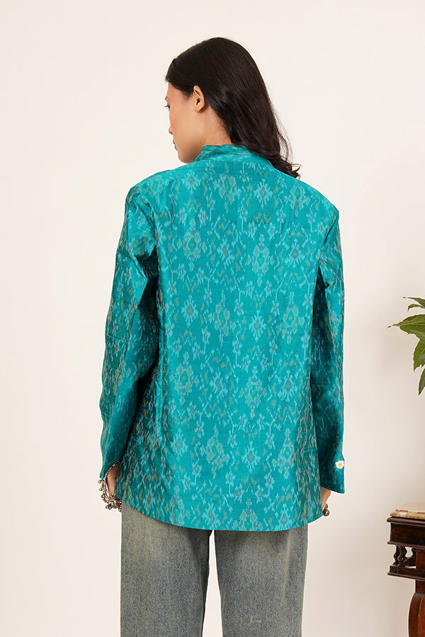 AQUA GREEN RAWSILK IKKAT SHORT JACKET