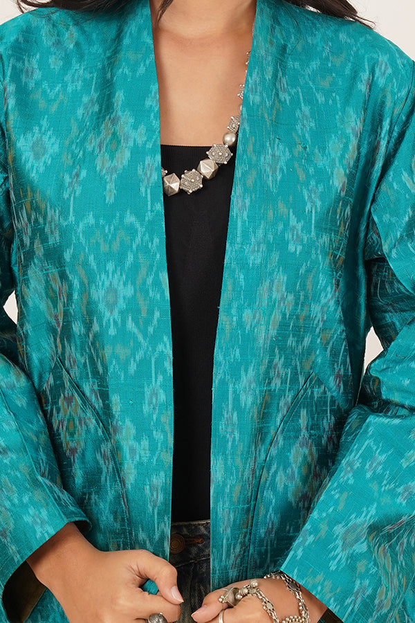 AQUA GREEN RAWSILK IKKAT SHORT JACKET