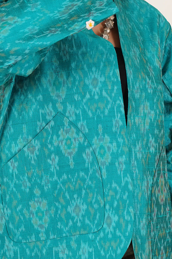 AQUA GREEN RAWSILK IKKAT SHORT JACKET