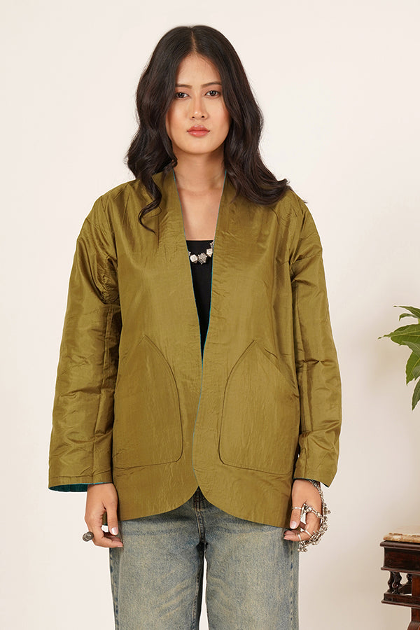 AQUA GREEN RAWSILK IKKAT SHORT JACKET