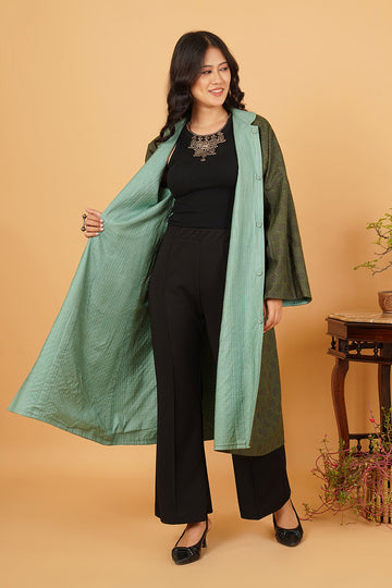 GREEN KANTHA TUSSAR LONG JACKET