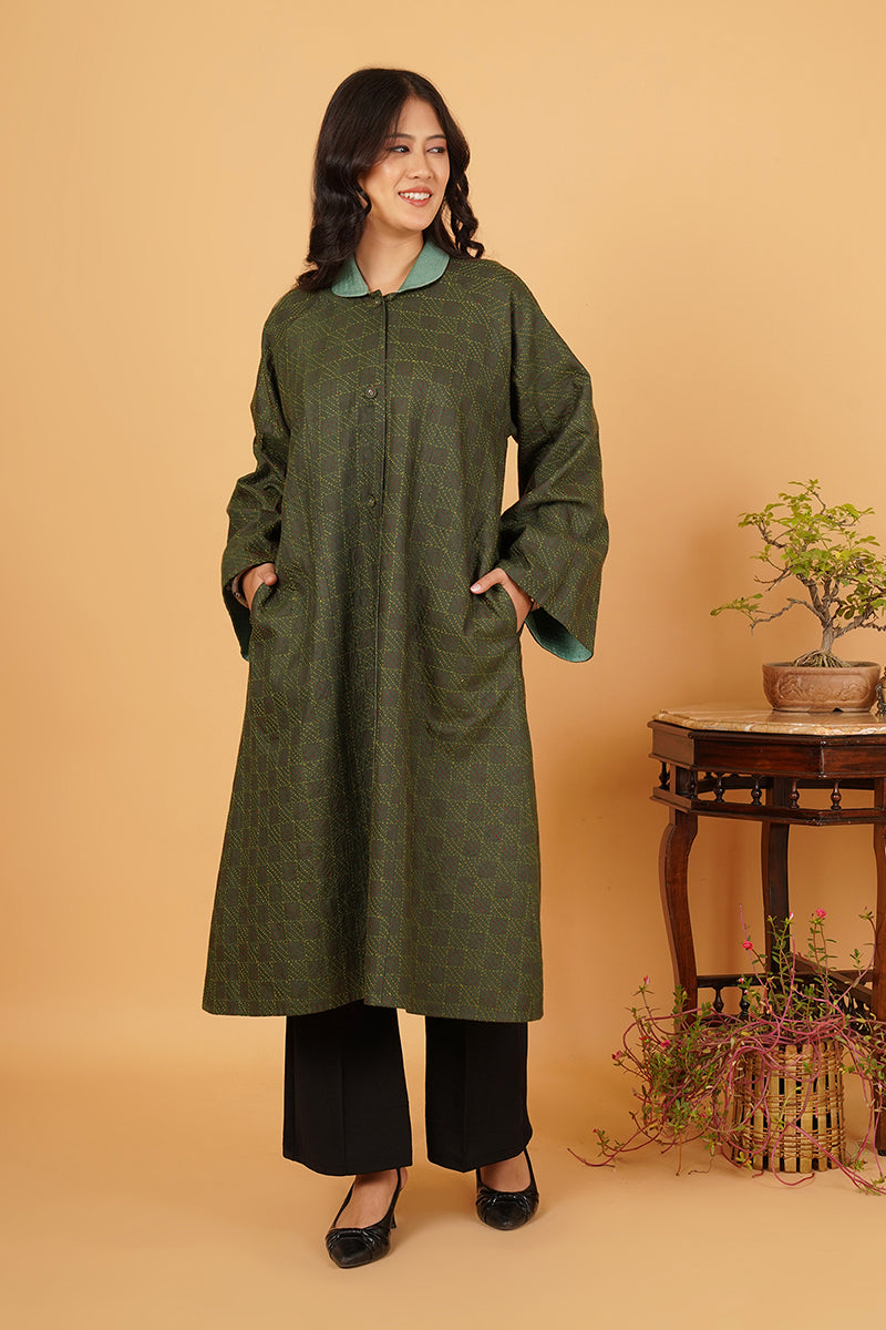 GREEN KANTHA TUSSAR LONG JACKET