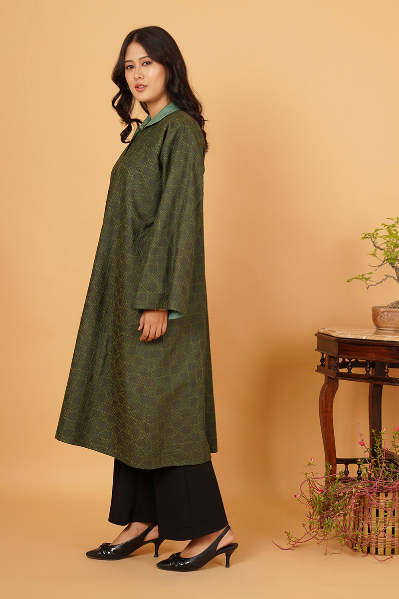 GREEN KANTHA TUSSAR LONG JACKET