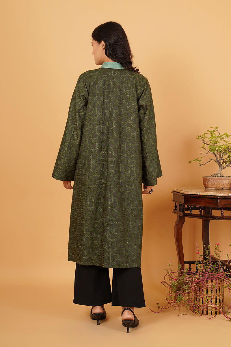 GREEN KANTHA TUSSAR LONG JACKET