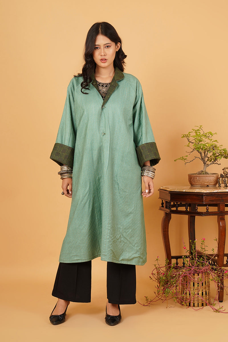 GREEN KANTHA TUSSAR LONG JACKET