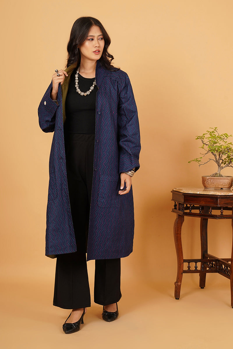 BLUE KANTHA SILK LONG JACKET