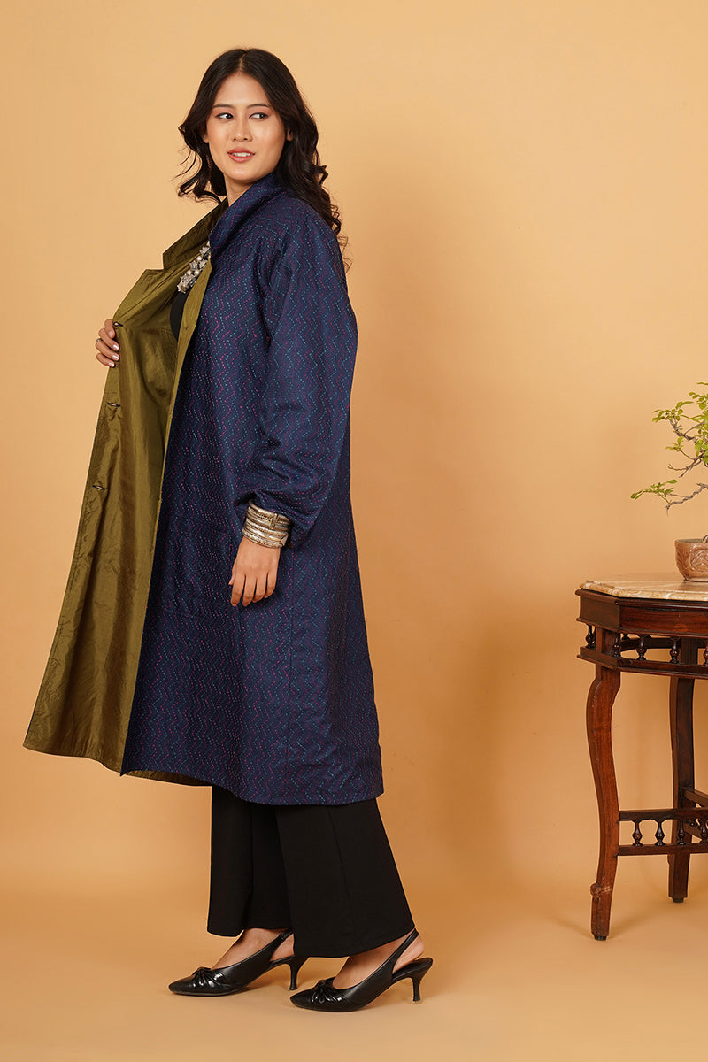 BLUE KANTHA SILK LONG JACKET