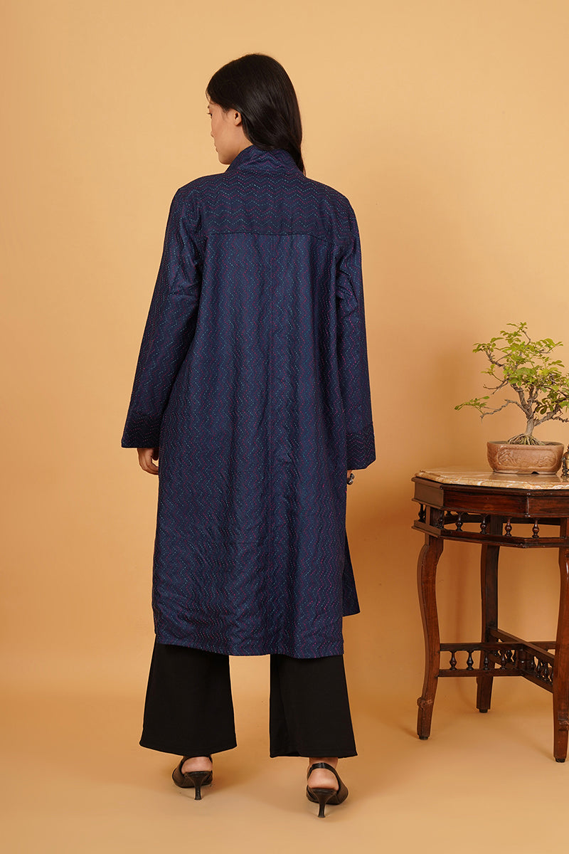BLUE KANTHA SILK LONG JACKET